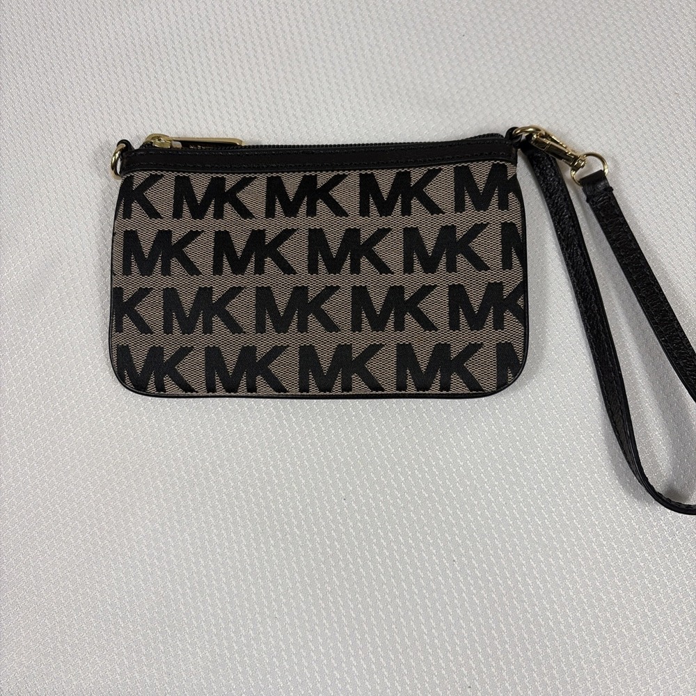 MICHAEL KORS SIGNATURE WRISTLET BLACK & TAN GRAY FABRIC MK LOGO GOLD HARDWARE - Picture 2 of 8